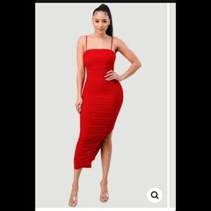 Privy Red Lux Ruched Mesh Layer Side Slit Midi Dress